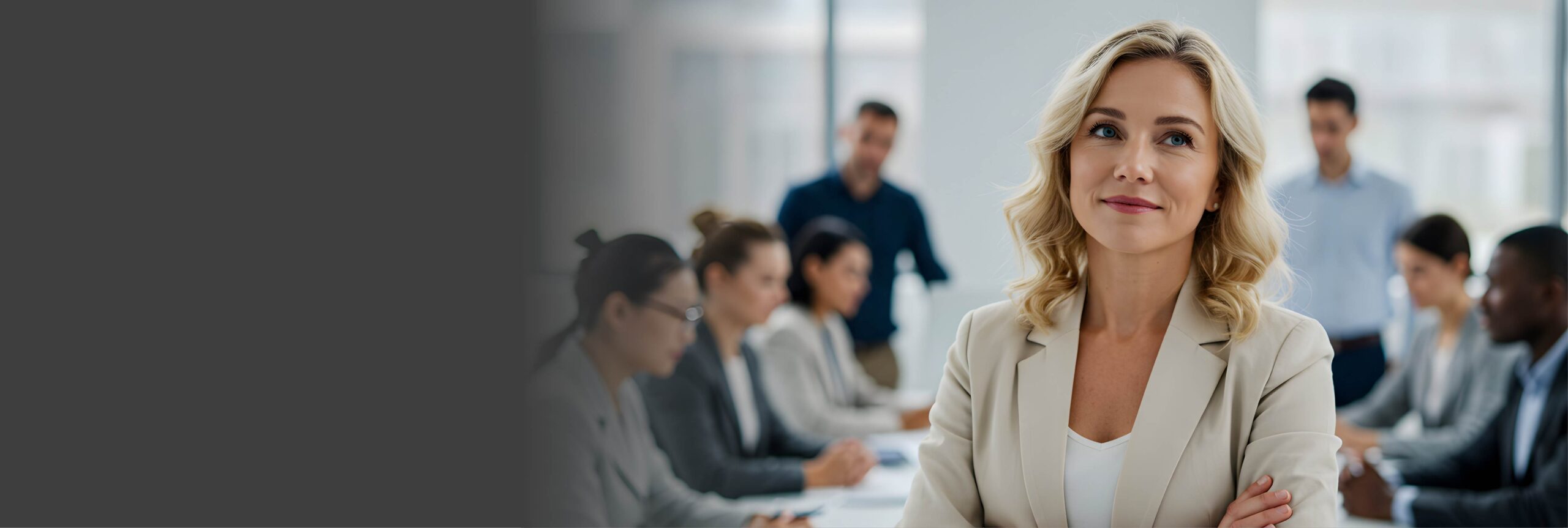 A blonde woman looking up wistfully while there are seven men and women at a conference table behind her