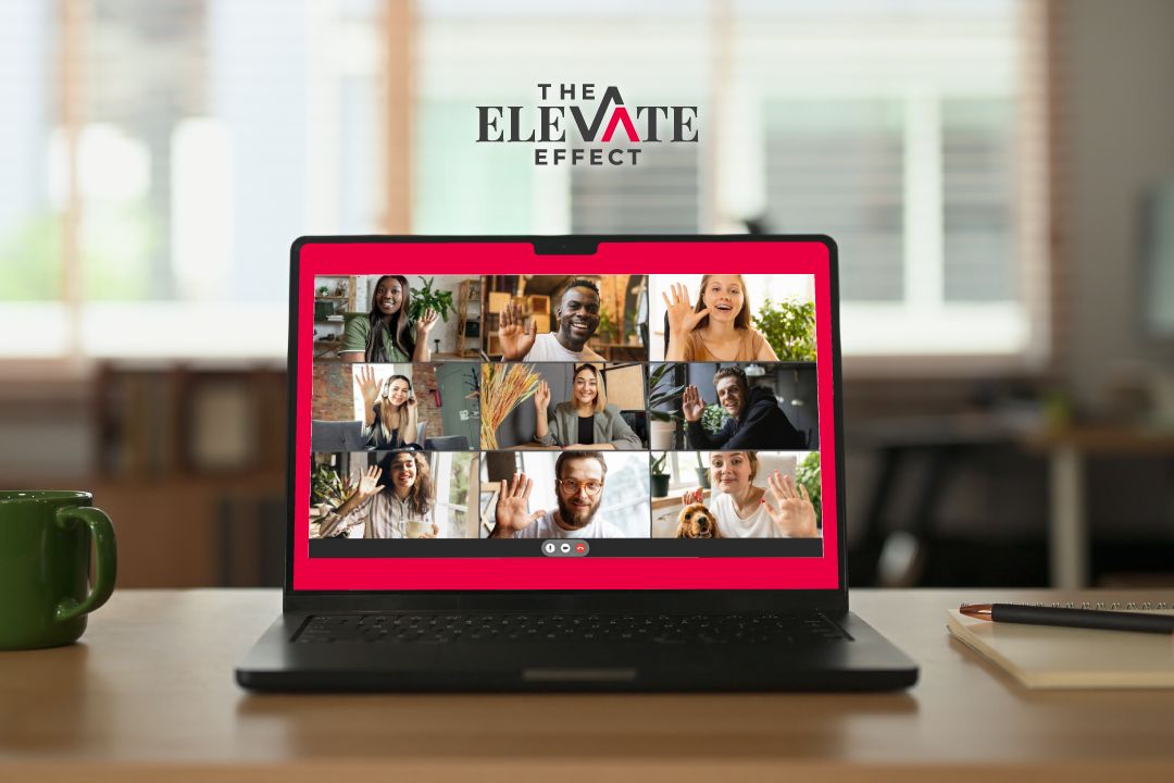 mock of a zoom call with people on it with the elevate effect logo on it